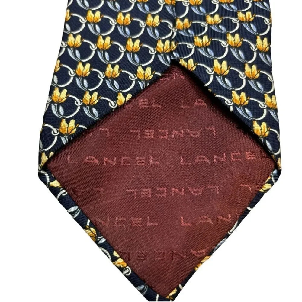Men’s Lancel Paris Brand 100% Silk Navy‎ and Yellow Floral Neck Field